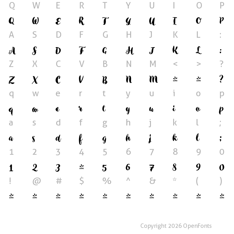 Character Map of FONTSPRING DEMO - Inkston Brush Regular