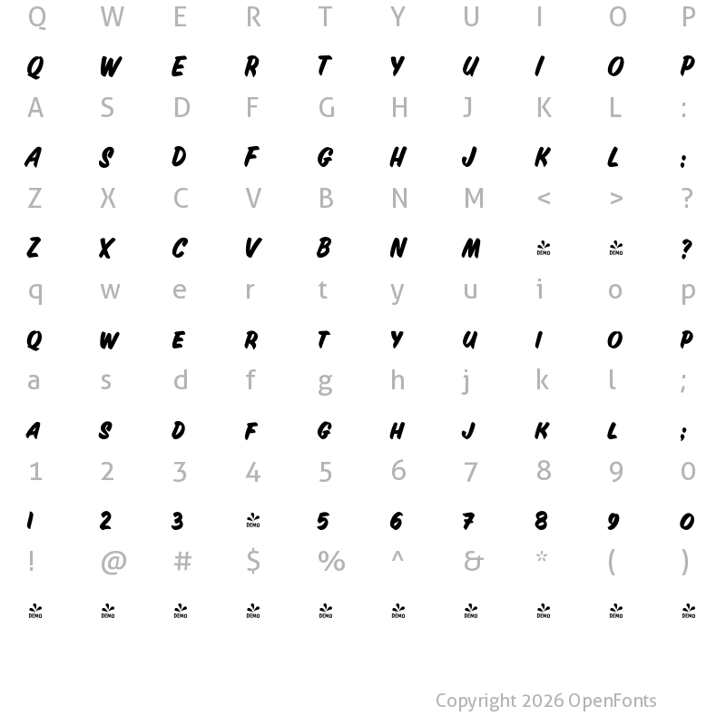 Character Map of FONTSPRING DEMO - Inkston Casual Bold Regular