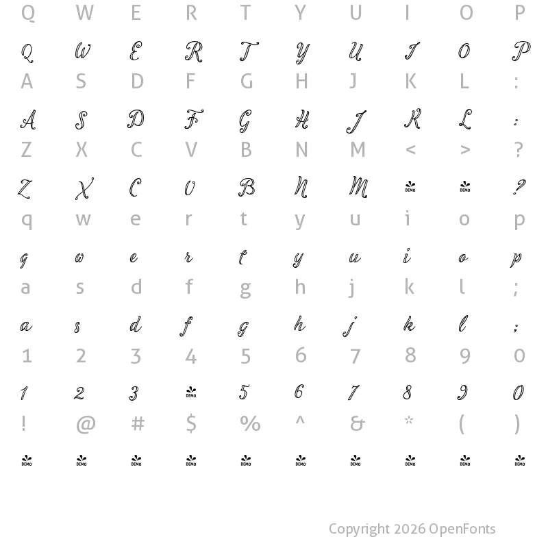 Character Map of FONTSPRING DEMO - Inkston Script Outline Regular