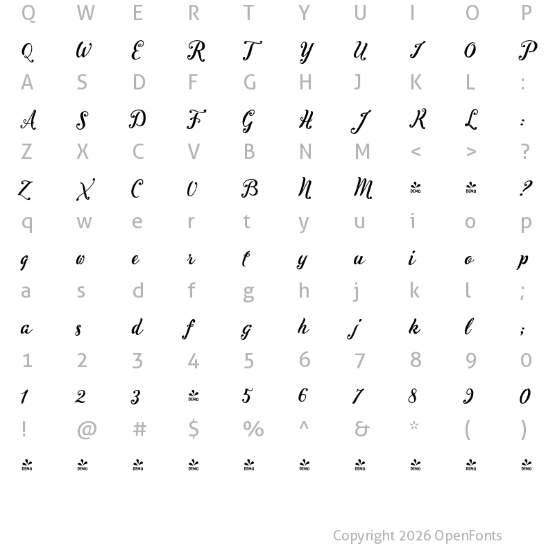 Character Map of FONTSPRING DEMO - Inkston Script Regular