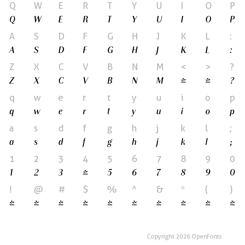 Character Map of FONTSPRING DEMO - Instance PRO Light Bold Italic