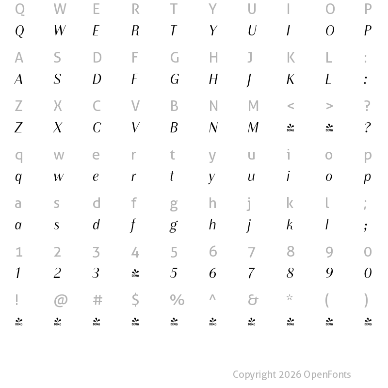 Character Map of FONTSPRING DEMO - Instance PRO Light Italic