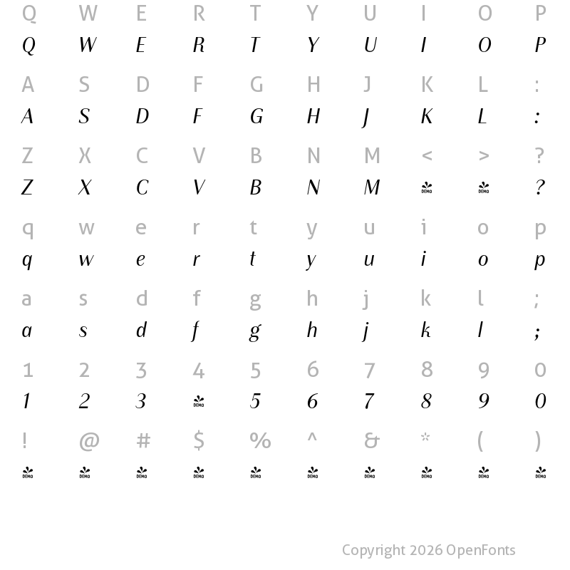 Character Map of FONTSPRING DEMO - Instance PRO Regular Italic