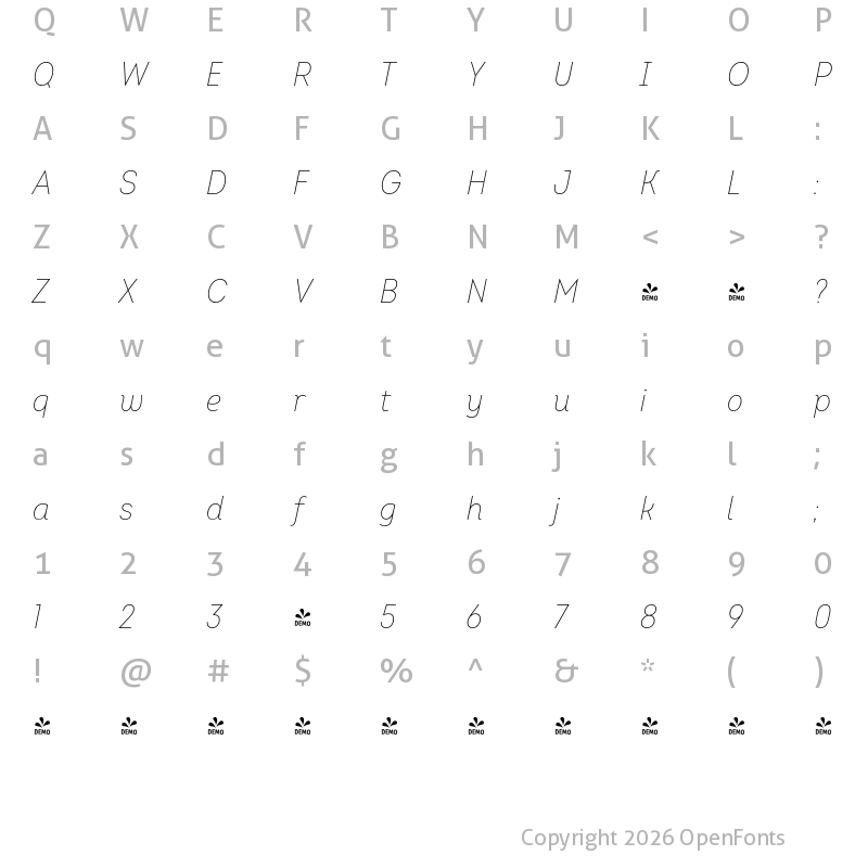 Character Map of FONTSPRING DEMO - Intro Cond ExLight Italic Regular