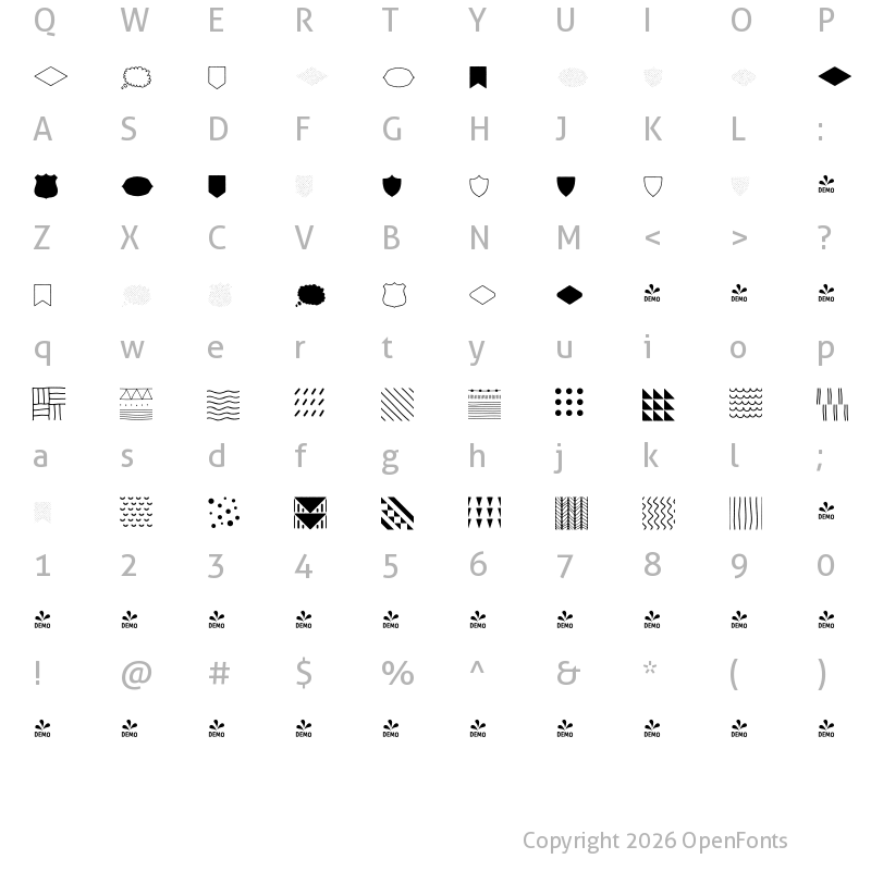 Character Map of FONTSPRING DEMO - Intro Goodies Patterns & Shapes Regular