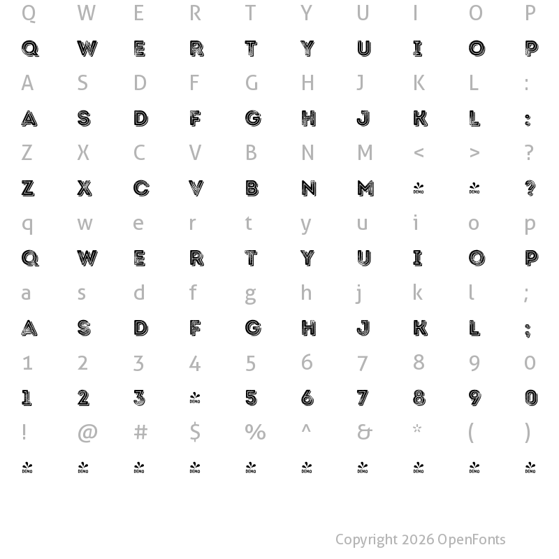 Character Map of FONTSPRING DEMO - Intro Rust G Base 2 Line Shade Regular