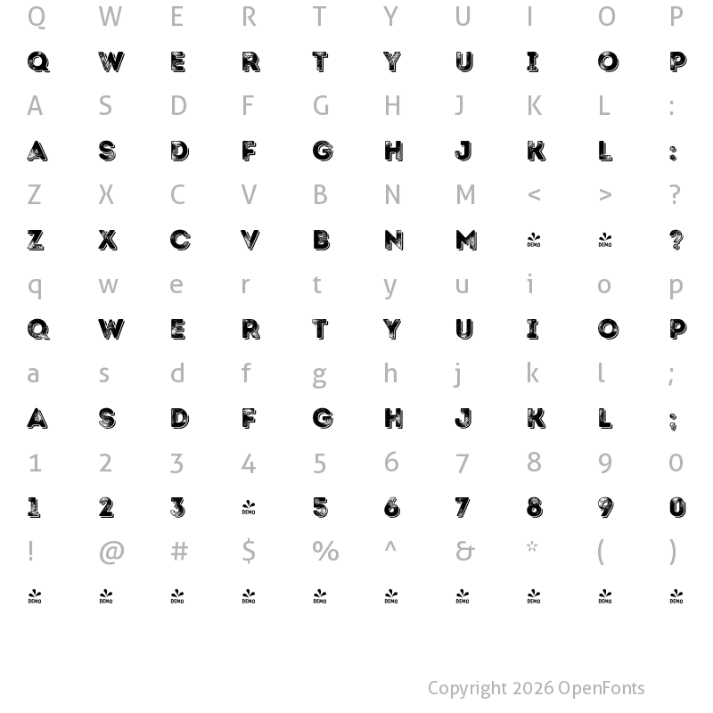 Character Map of FONTSPRING DEMO - Intro Rust G Base Shade Regular