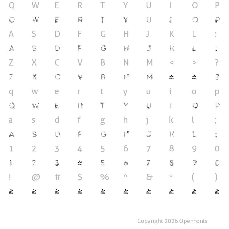 Character Map of FONTSPRING DEMO - Intro Rust G Fill 2 Line Regular