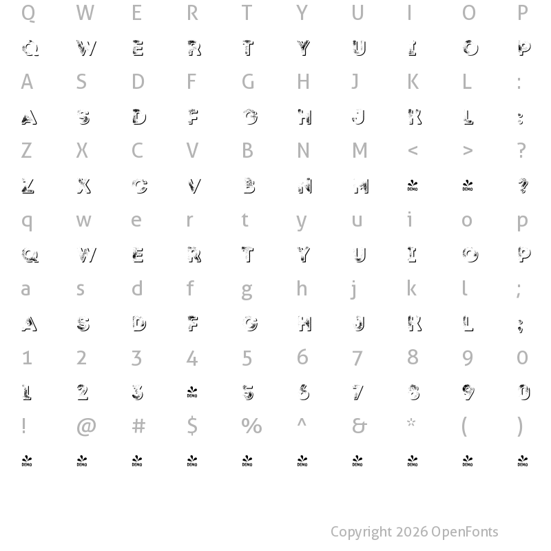 Character Map of FONTSPRING DEMO - Intro Rust G Fill Shade Regular