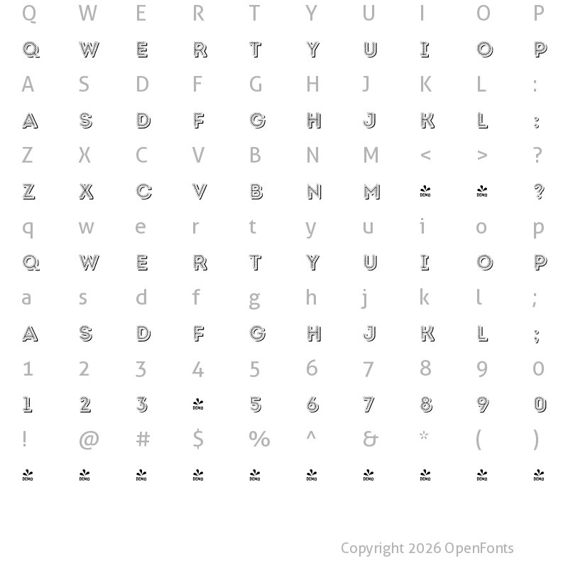 Character Map of FONTSPRING DEMO - Intro Rust H1 Fill 2 Line Shade Regular