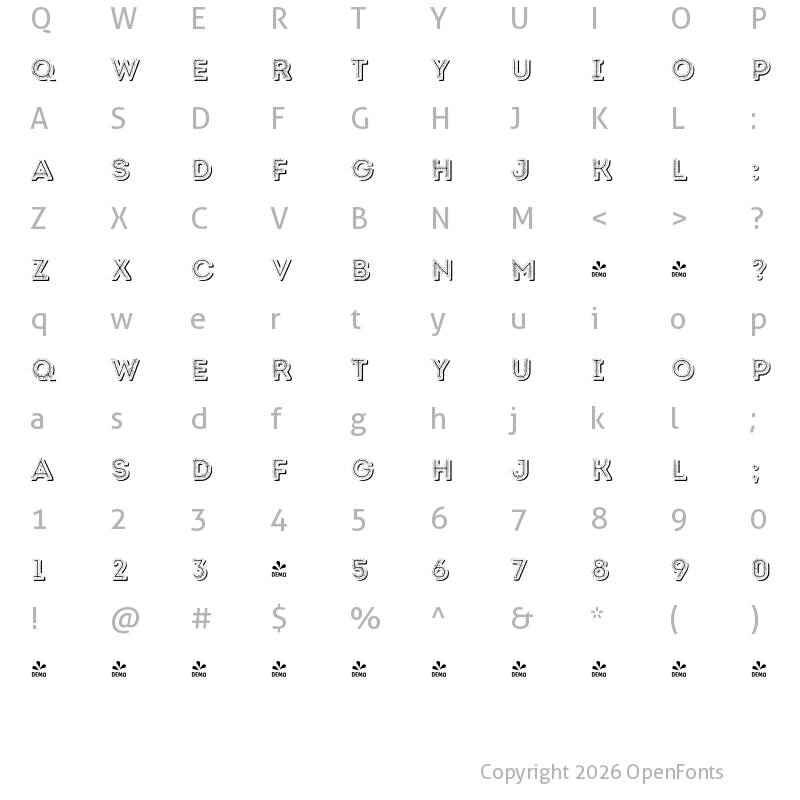 Character Map of FONTSPRING DEMO - Intro Rust H2 Fill 2 Line Shade Regular