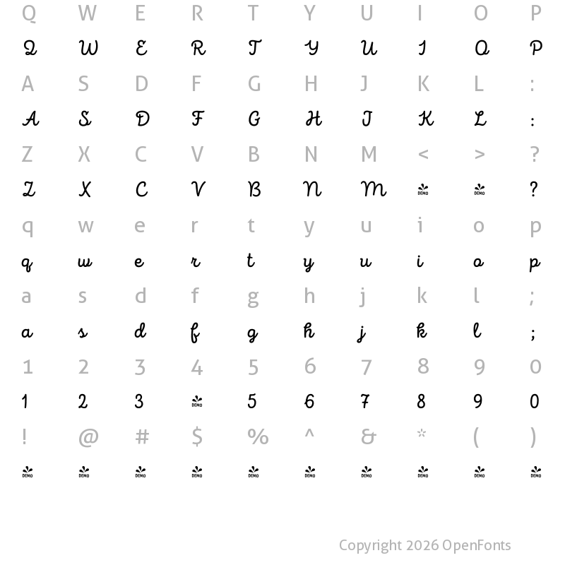 Character Map of FONTSPRING DEMO - Intro Script B Base Regular