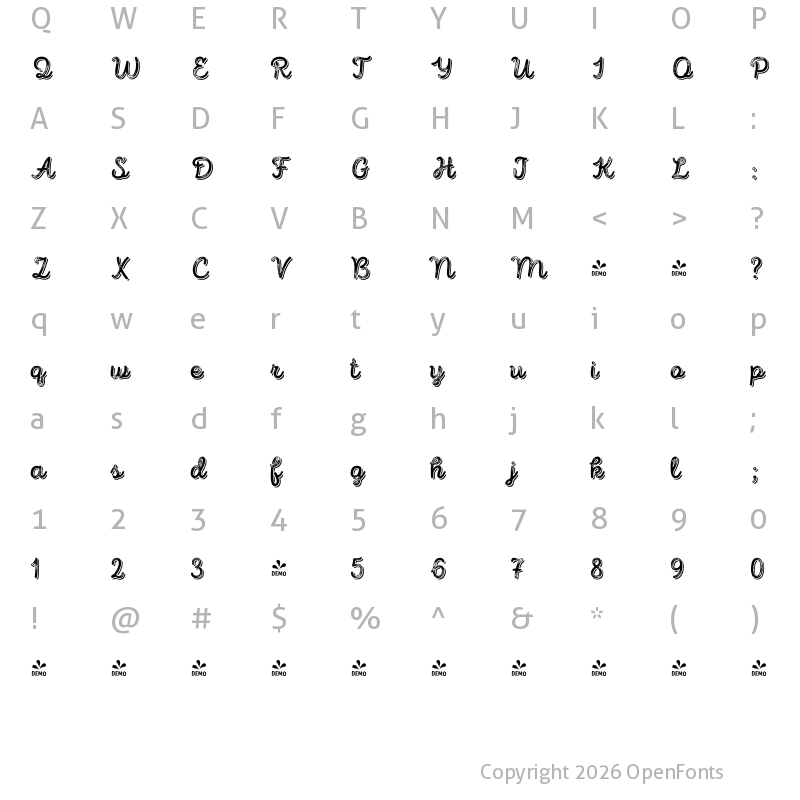 Character Map of FONTSPRING DEMO - Intro Script B G Base Shade Regular