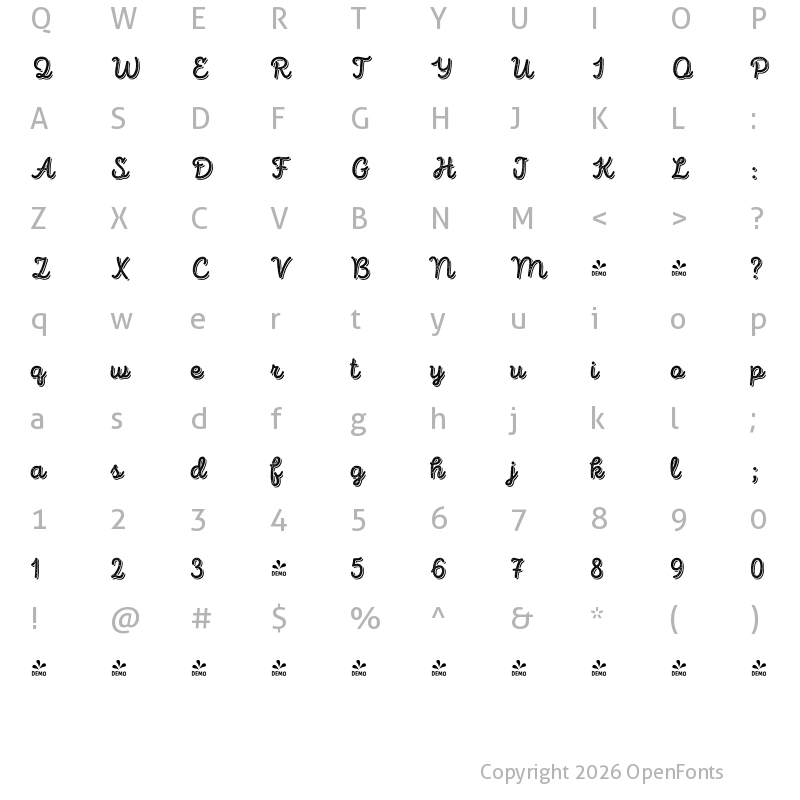 Character Map of FONTSPRING DEMO - Intro Script B H2 Base Shade Regular