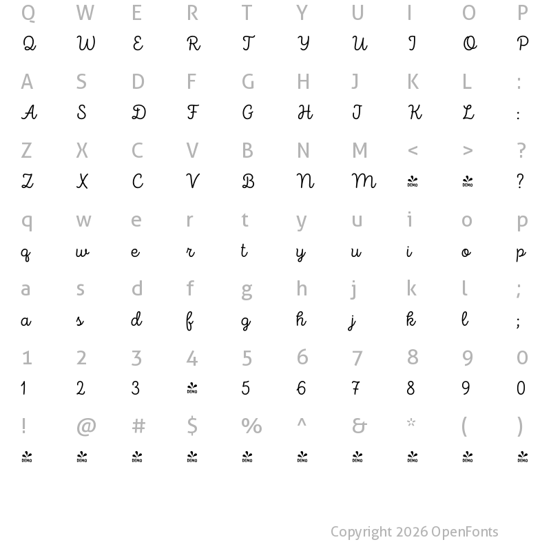 Character Map of FONTSPRING DEMO - Intro Script Light Regular