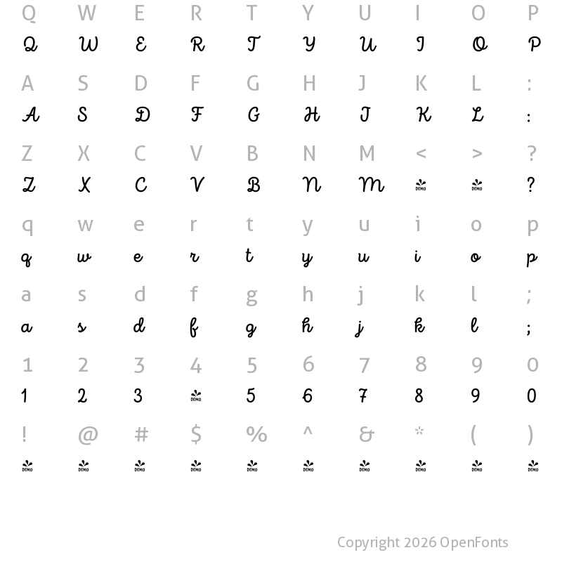 Character Map of FONTSPRING DEMO - Intro Script Medium Regular
