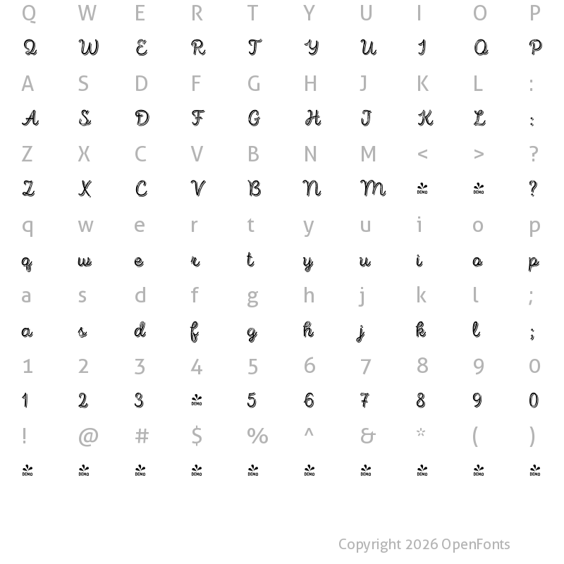Character Map of FONTSPRING DEMO - Intro Script R G Base Shade Regular