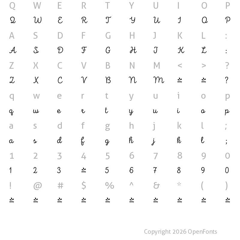 Character Map of FONTSPRING DEMO - Intro Script R H2 Base Regular
