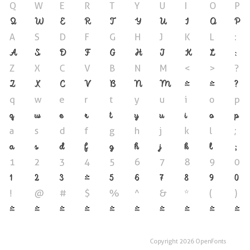Character Map of FONTSPRING DEMO - Intro Script R H2 Base Shade Regular