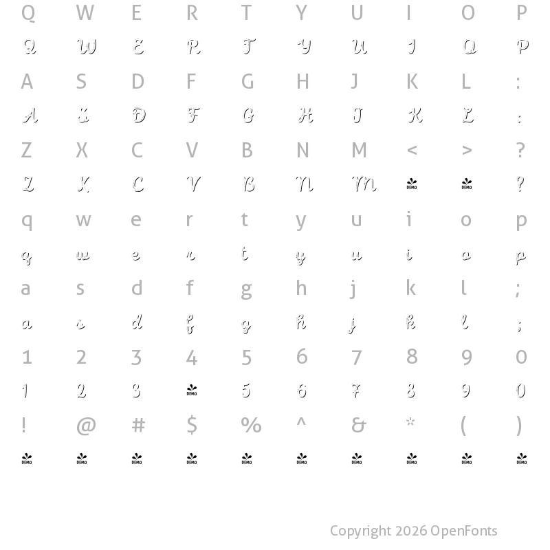 Character Map of FONTSPRING DEMO - Intro Script R H2 Shade Regular