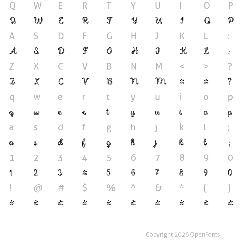Character Map of FONTSPRING DEMO - Intro Script R L Base Shade Regular