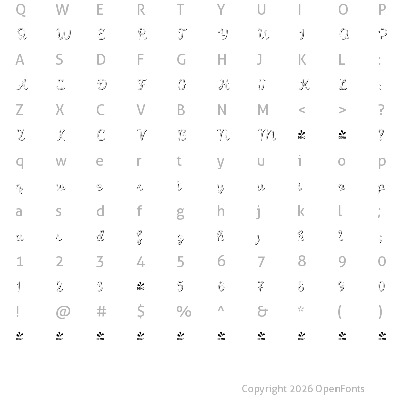 Character Map of FONTSPRING DEMO - Intro Script R L Shade Regular