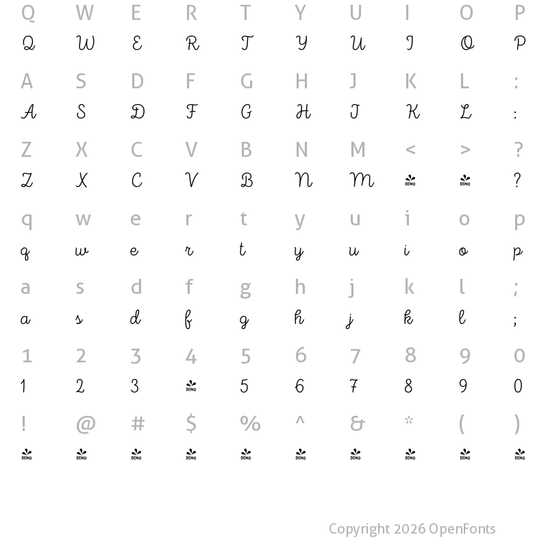 Character Map of FONTSPRING DEMO - Intro Script Thin Regular