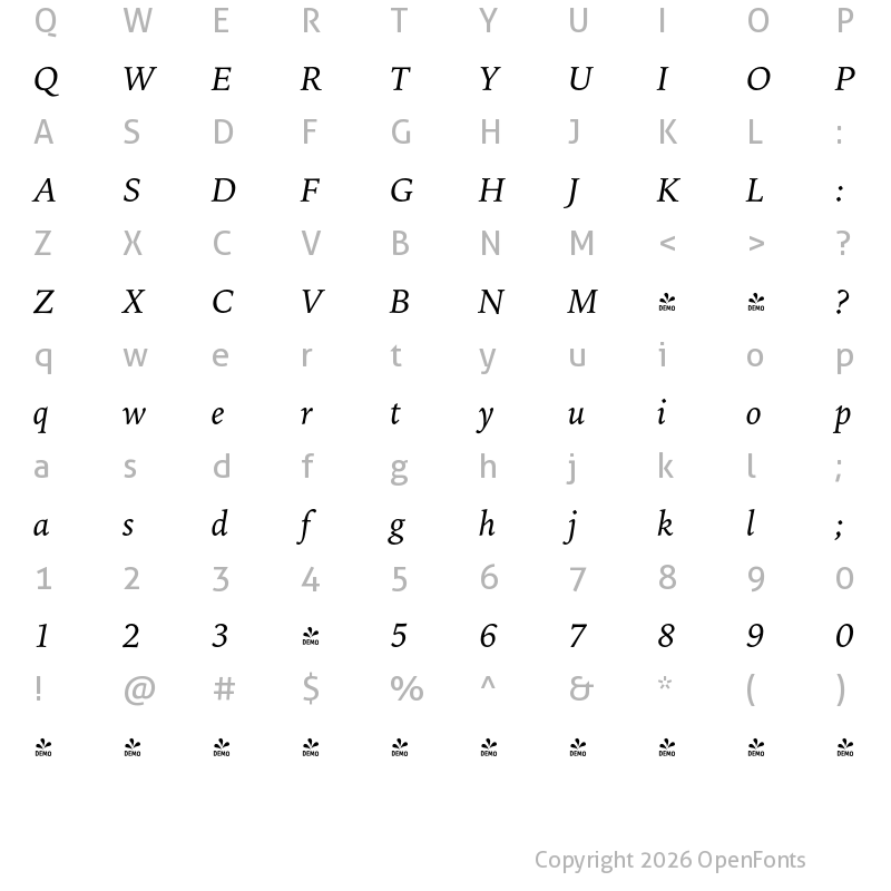 Character Map of FONTSPRING DEMO - Iowan Old Style BT Italic