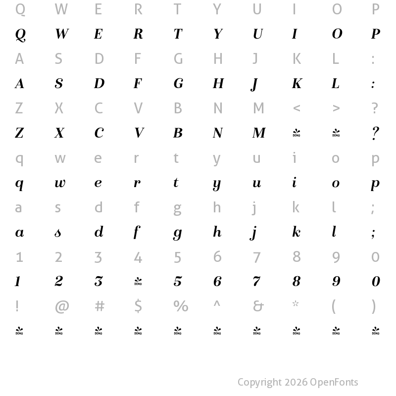 Character Map of FONTSPRING DEMO - Isabel Bold Italic