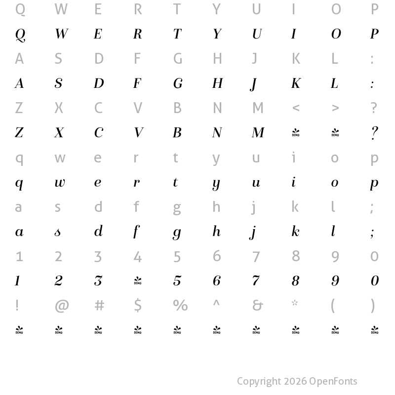 Character Map of FONTSPRING DEMO - Isabel Italic