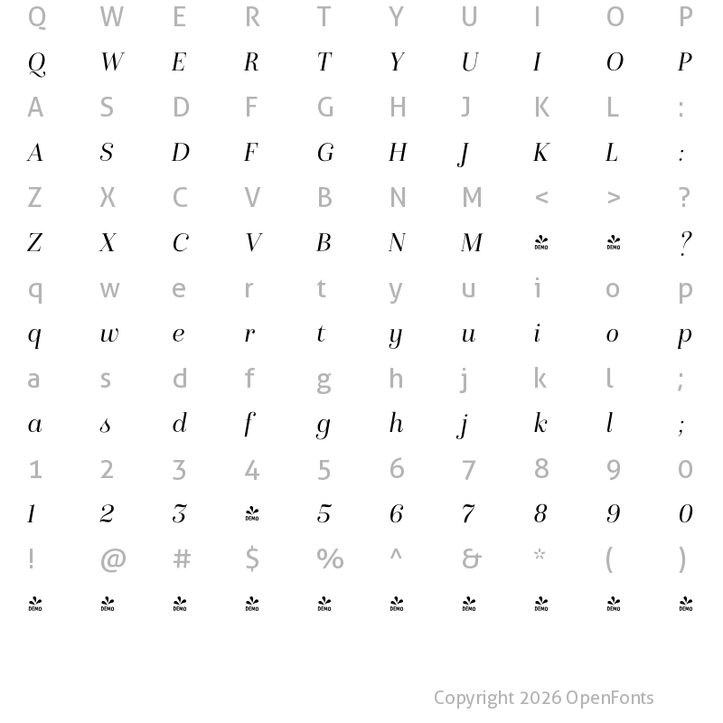 Character Map of FONTSPRING DEMO - Isabel Light Italic