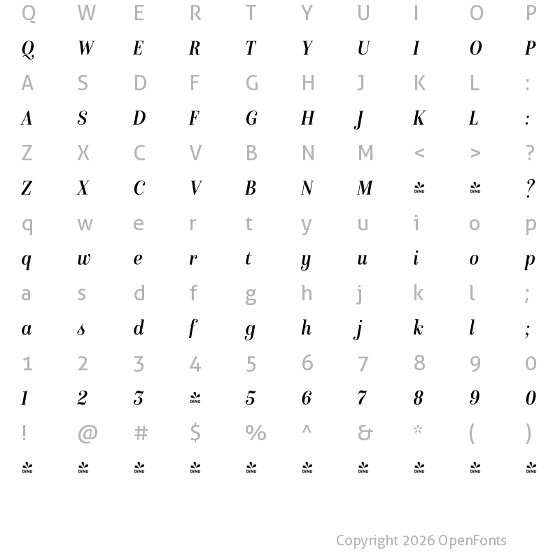 Character Map of FONTSPRING DEMO - Isabel SemiCondensed Italic