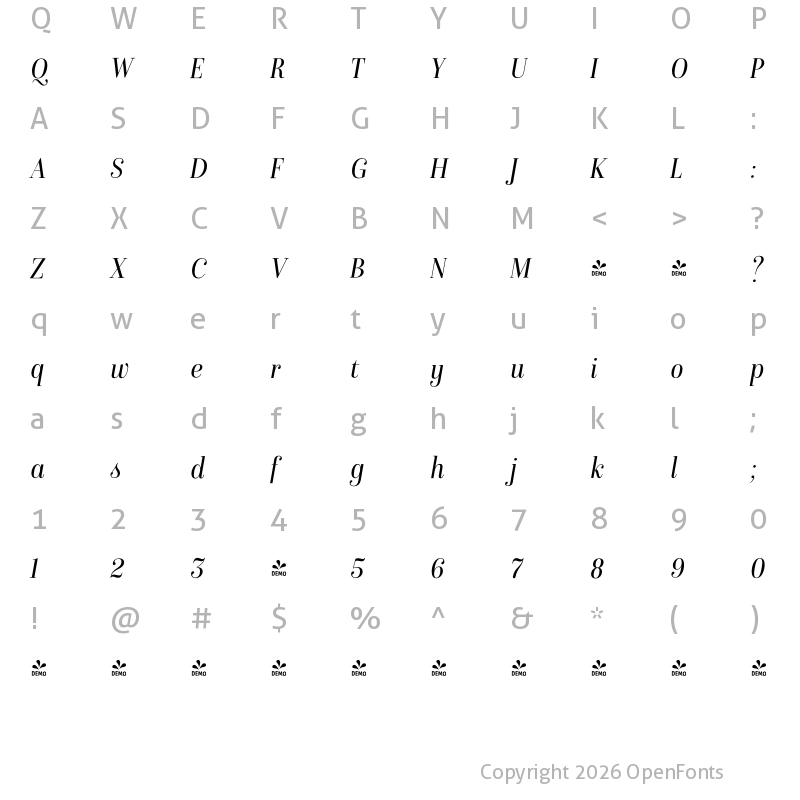 Character Map of FONTSPRING DEMO - Isabel SemiCondensed Light Italic