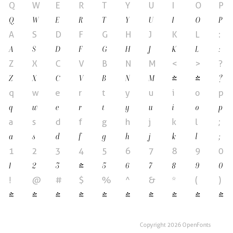 Character Map of FONTSPRING DEMO - Isabel SemiCondensed Thin Italic