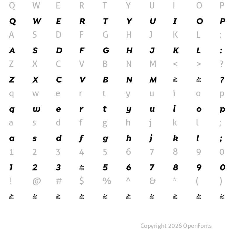 Character Map of FONTSPRING DEMO - Isidora Sans Alt Bold It Regular