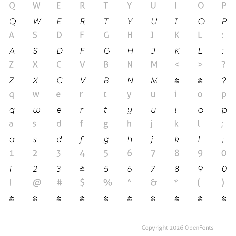 Character Map of FONTSPRING DEMO - Isidora Sans Alt It Regular