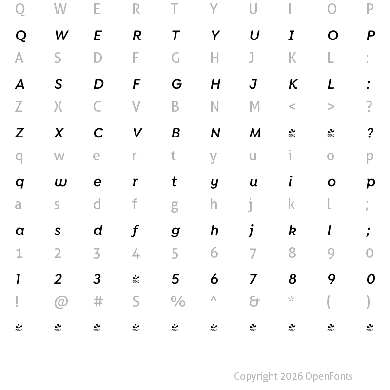 Character Map of FONTSPRING DEMO - Isidora Sans Alt SemiBold It Regular
