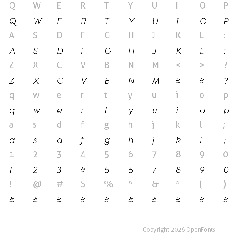 Character Map of FONTSPRING DEMO - Isidora Soft Alt It Regular