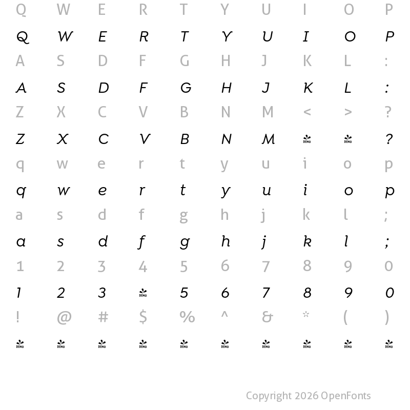 Character Map of FONTSPRING DEMO - Isidora Soft Alt Medium It Regular