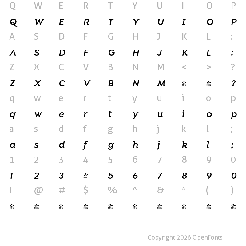 Character Map of FONTSPRING DEMO - Isidora Soft Alt SemiBold It Regular