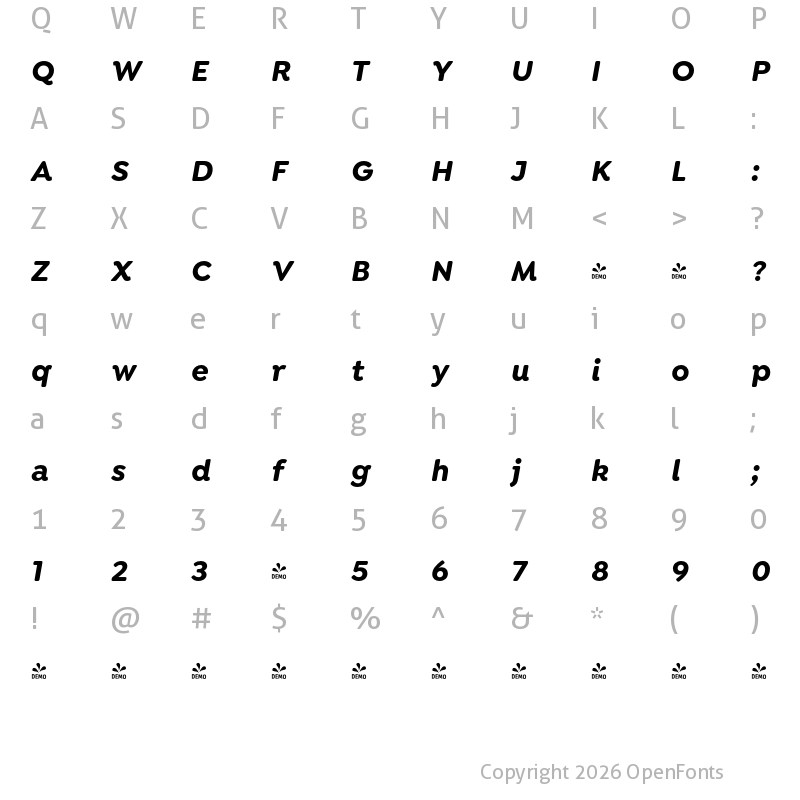 Character Map of FONTSPRING DEMO - Isidora Soft Bold It Regular