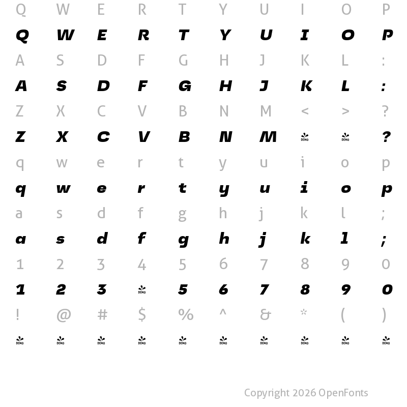 Character Map of FONTSPRING DEMO - Jagerlay Black Italic Regular