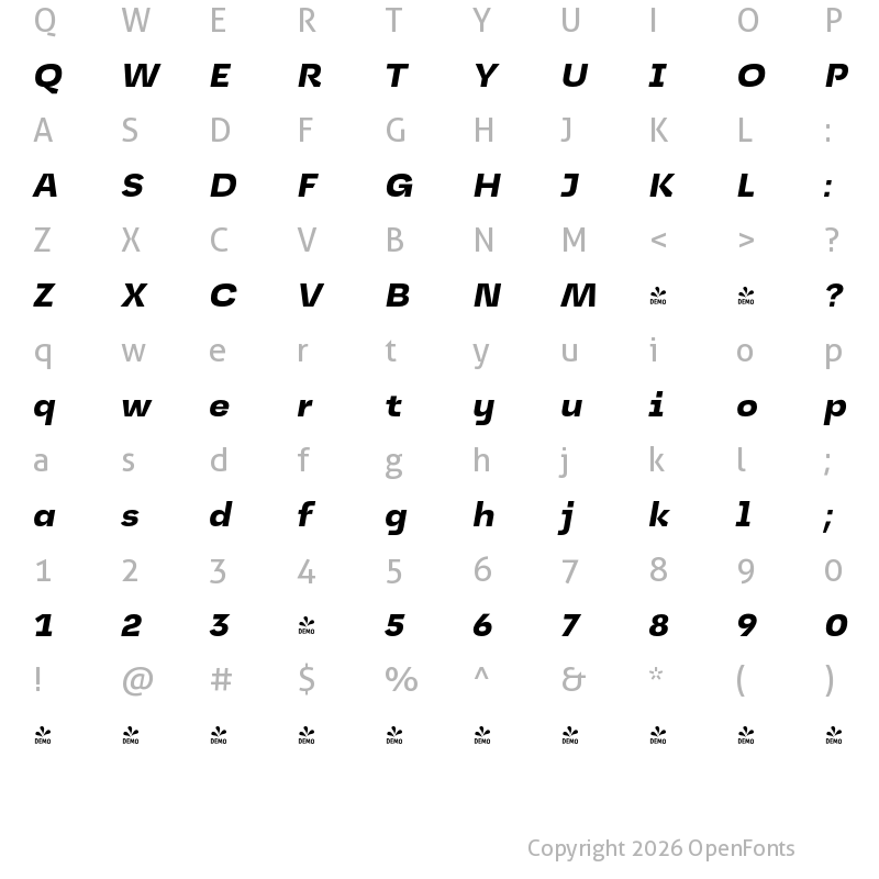 Character Map of FONTSPRING DEMO - Jagerlay ExtraBold Italic Regular