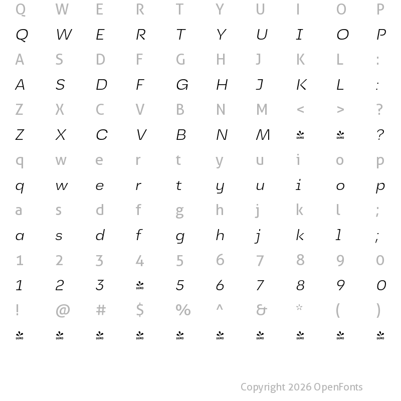 Character Map of FONTSPRING DEMO - Jagerlay Light Italic Regular