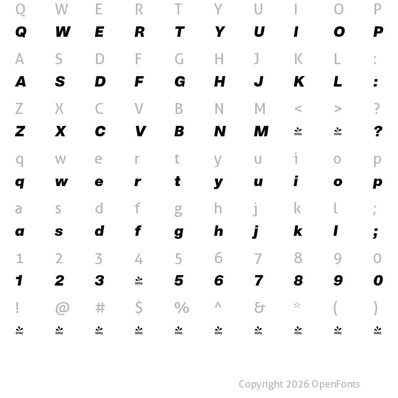 Character Map of FONTSPRING DEMO - Jam Grotesque Black Italic
