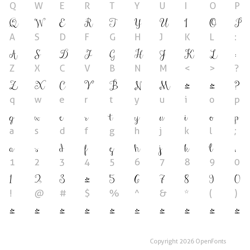 Character Map of FONTSPRING DEMO - Janda Stylish Script Regular