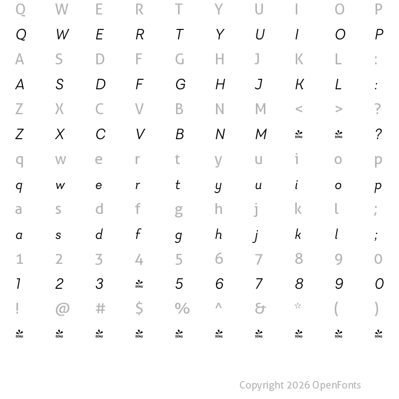 Character Map of FONTSPRING DEMO - Javiera It Regular