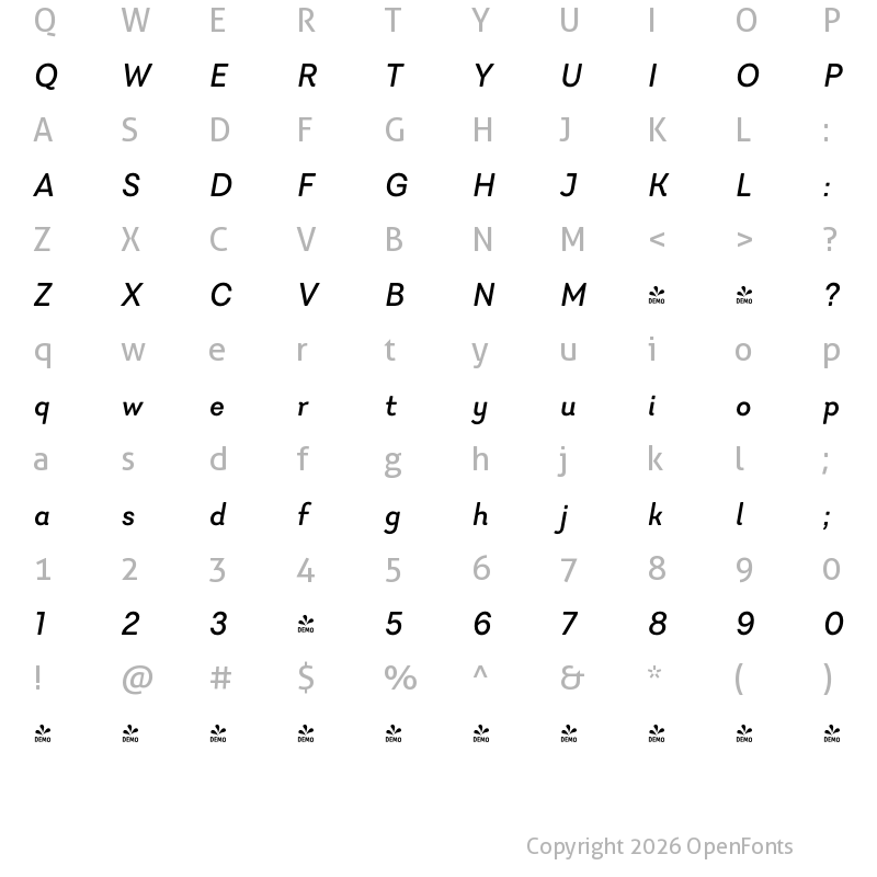Character Map of FONTSPRING DEMO - Javiera Medium It Regular