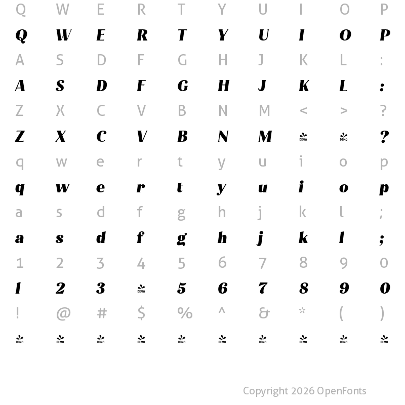 Character Map of FONTSPRING DEMO - Jazmin Alt Black It Regular