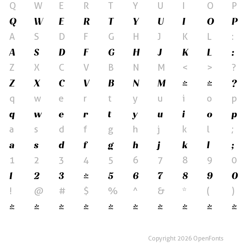 Character Map of FONTSPRING DEMO - Jazmin Alt Bold It Regular